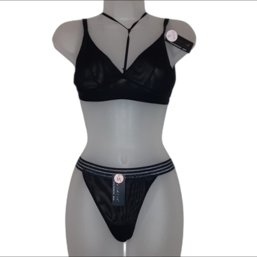 Youmita Medium Black Mesh Bralette and G String NWT